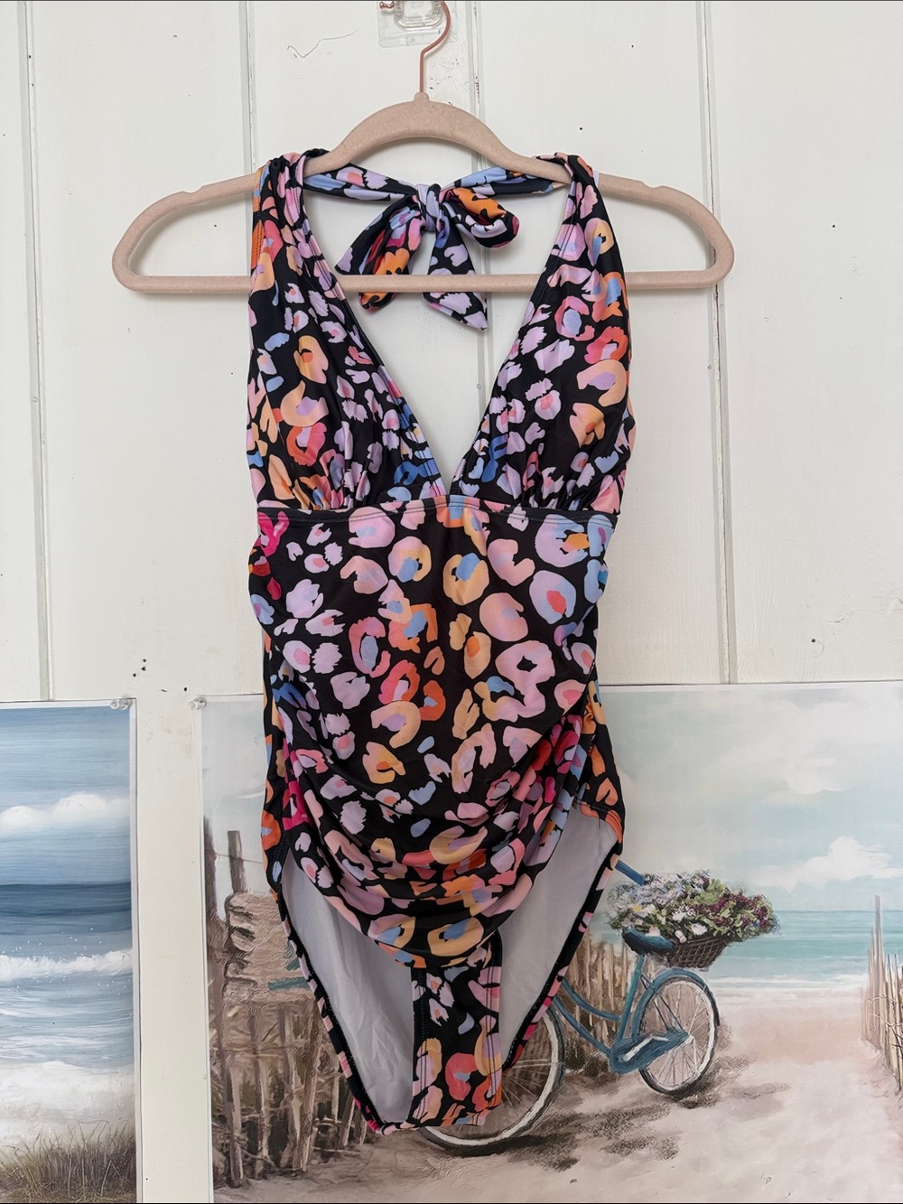 Ruched One-Piece Swimsuit with Multicolor Leopard Print